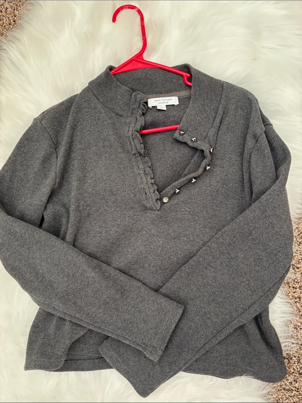 Ann Taylor Dark Gray Button-Accent Cowl Sweater